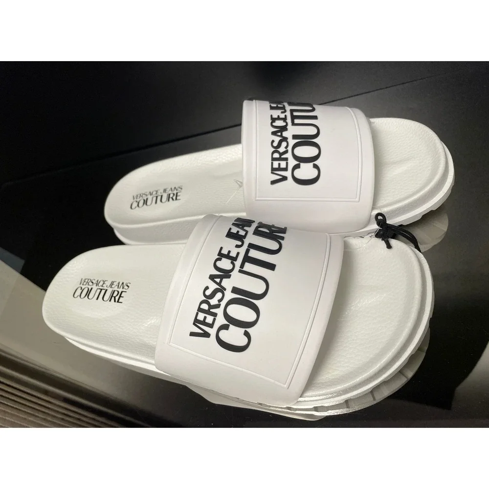 Versace Jeans Couture Mens White Black Logo Slide Sandals Summer Shoes New